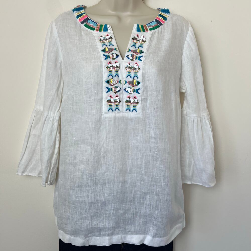 Talbots 100% Linen Fish Sequin Embellished Tunic White Small